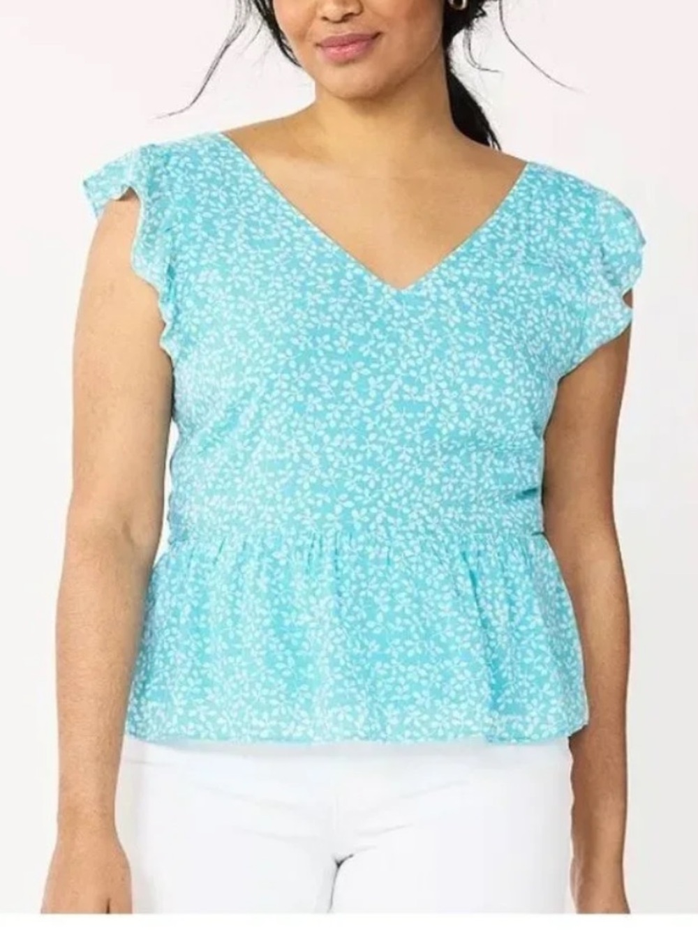 Draper James Blue white & floral print Flutter Sleeve Peplum-Hem Blouse Size 2X